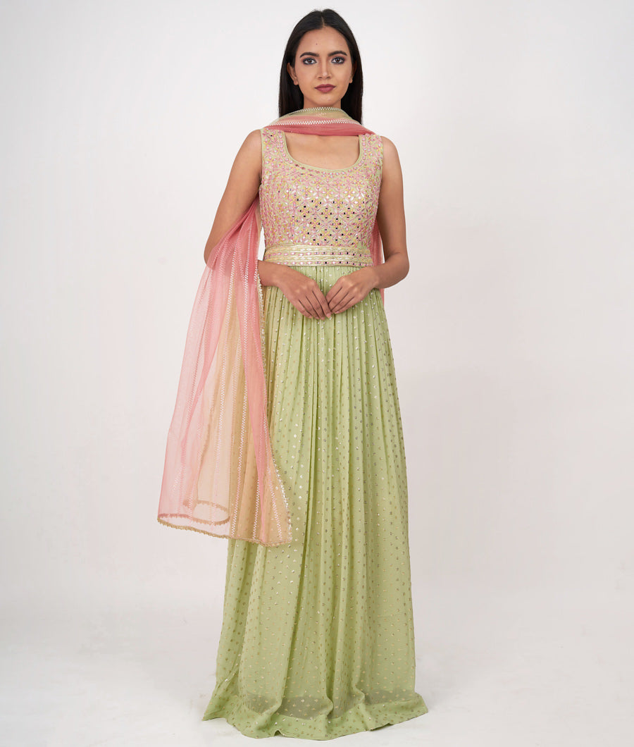 Pista Green Thread Embroidery With Sequins And Mirror And Leather Applic Anarkali Salwar Kameez