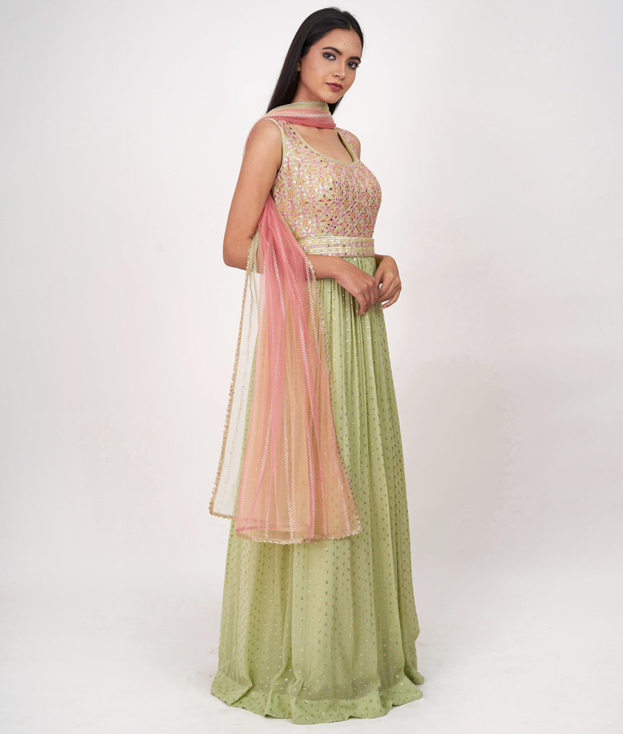 Pista Green Thread Embroidery With Sequins And Mirror And Leather Applic Anarkali Salwar Kameez