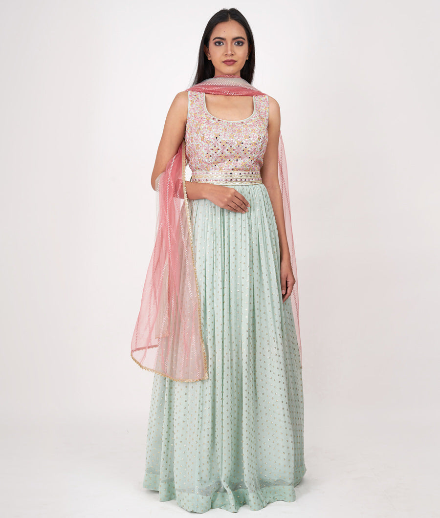 Aqua Thread Embroidery With Sequins And Mirror And Leather Applic Anarkali Salwar Kameez