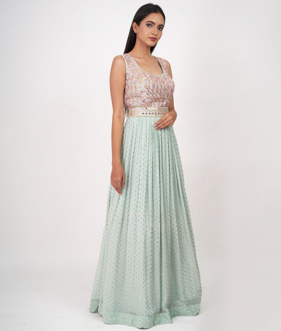 Aqua Thread Embroidery With Sequins And Mirror And Leather Applic Anarkali Salwar Kameez