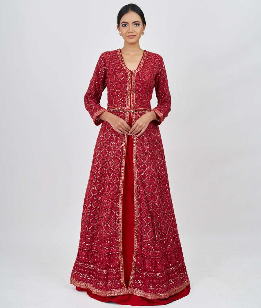 Maroon Locknow Embroidery With Pearl And Sequins And Mirror And Jarkan Stone Work Indo Western Lehenga