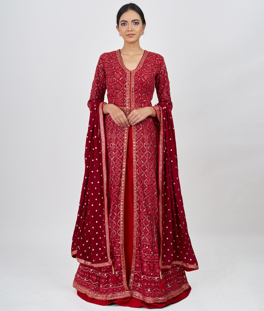 Maroon Locknow Embroidery With Pearl And Sequins And Mirror And Jarkan Stone Work Indo Western Lehenga