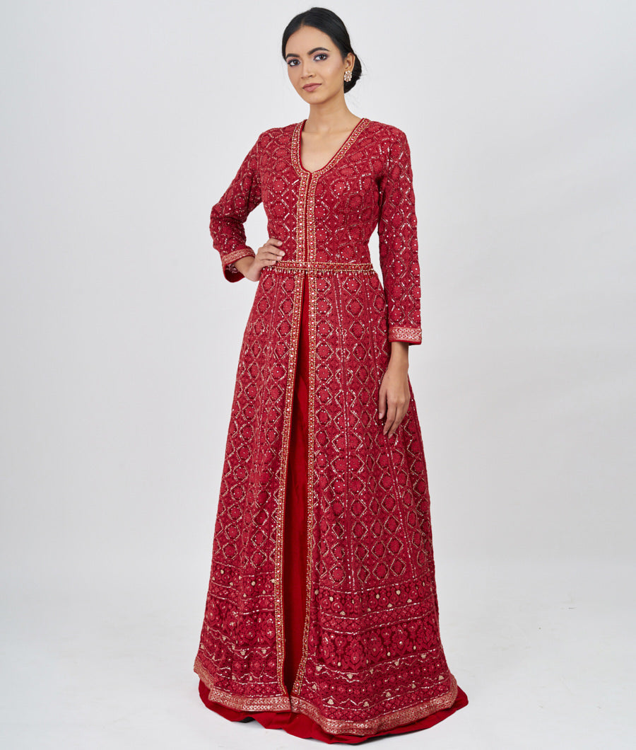 Maroon Locknow Embroidery With Pearl And Sequins And Mirror And Jarkan Stone Work Indo Western Lehenga