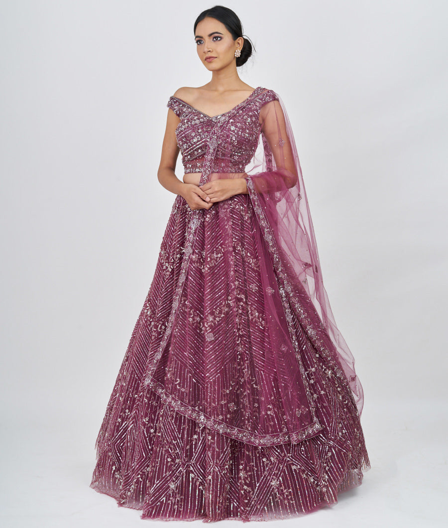 Onion Pink Sequins With Cutdana And Jarkan Stone Work  Lehenga