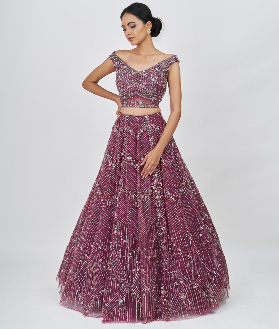 Onion Pink Sequins With Cutdana And Jarkan Stone Work  Lehenga