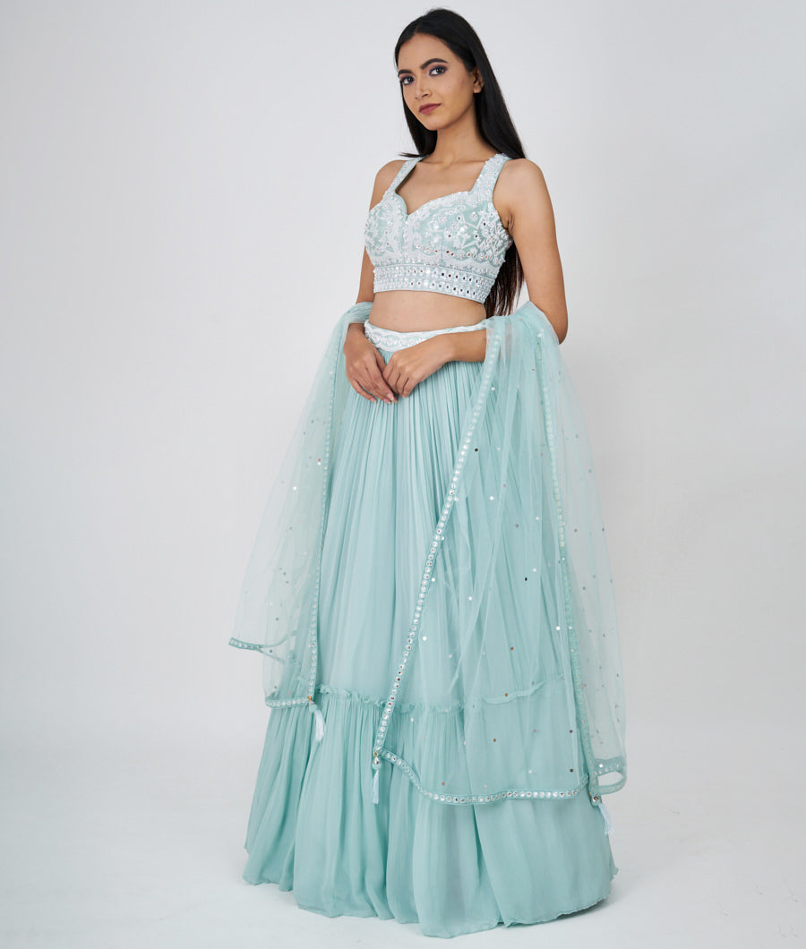 Sea Green Sequins With Cutdana And Pearl And Mirror Work  Lehenga