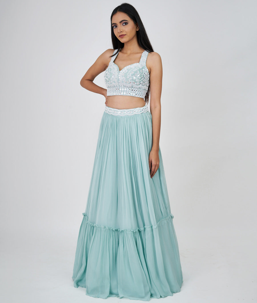 Sea Green Sequins With Cutdana And Pearl And Mirror Work  Lehenga