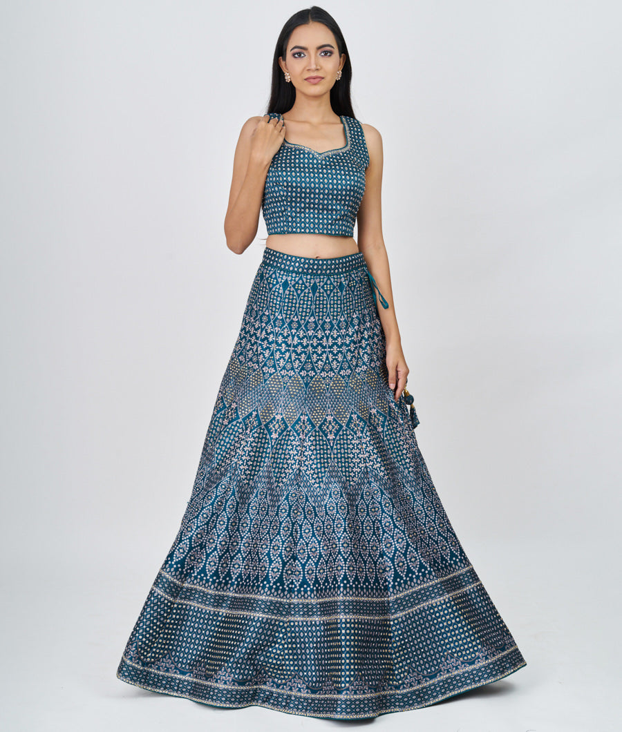 Bottle Green Digtal Print With Swarovski And Mirror Work  Lehenga