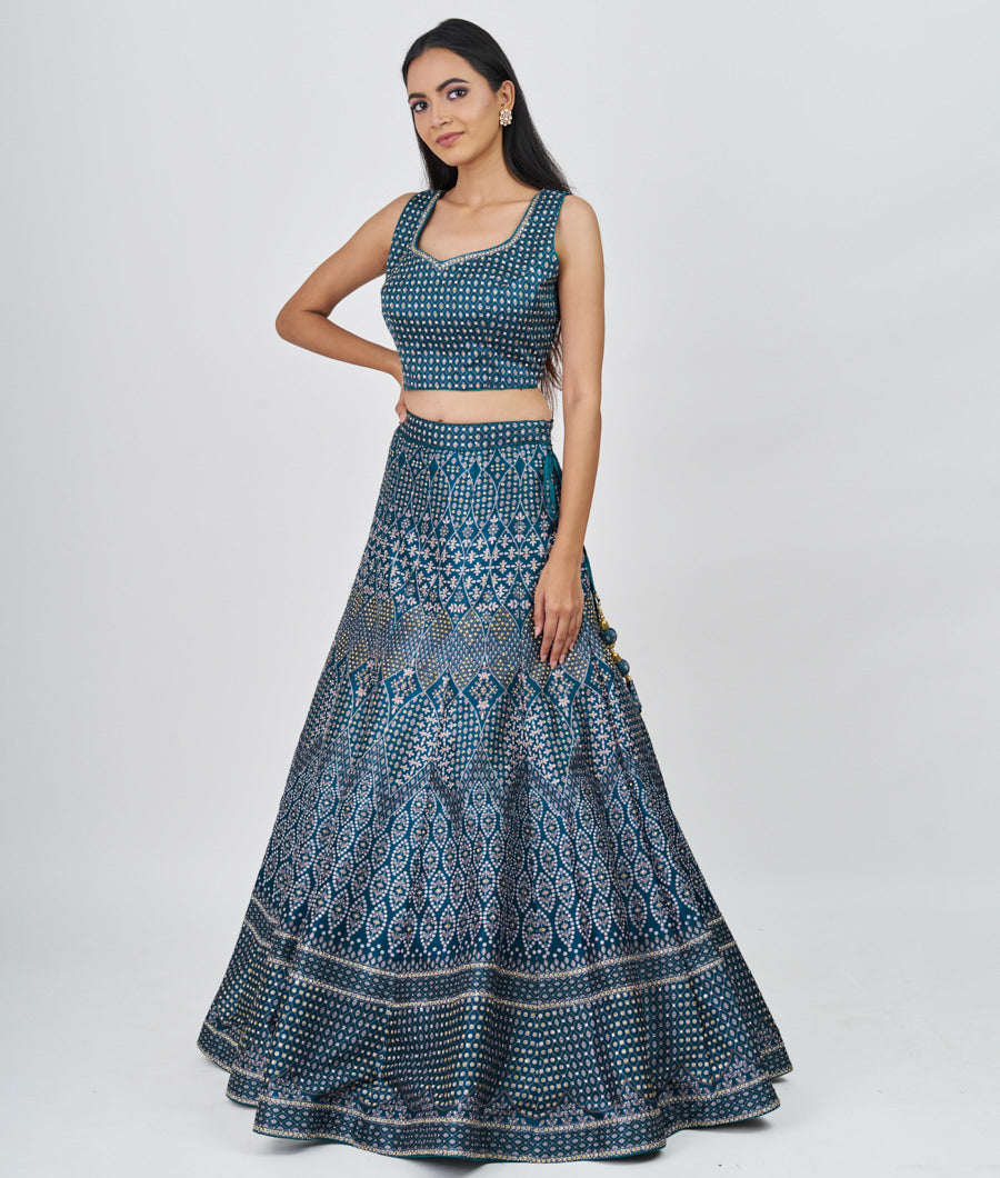 Bottle Green Digtal Print With Swarovski And Mirror Work  Lehenga