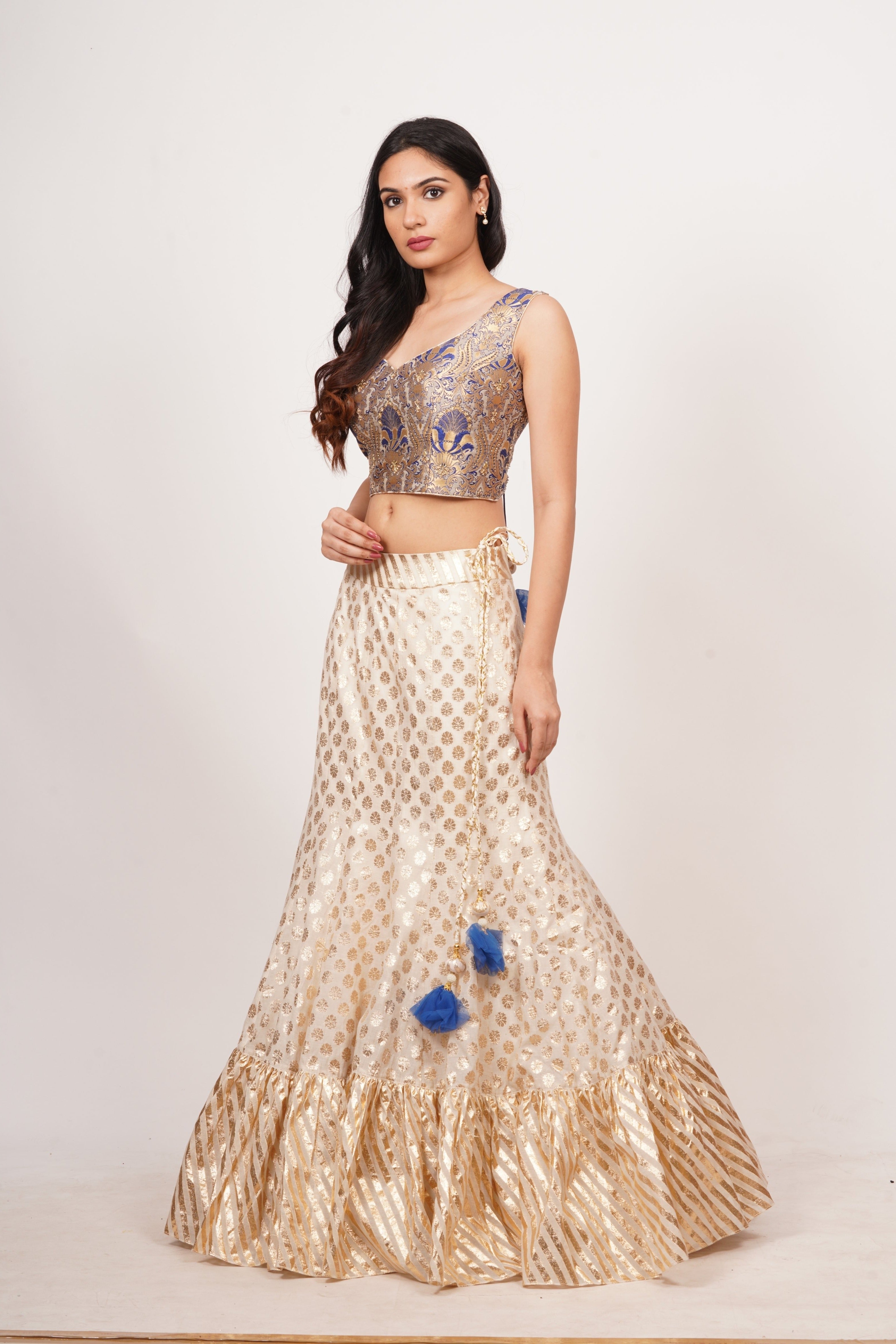 Cream And Blue Lehenga Choli - kaystore.in