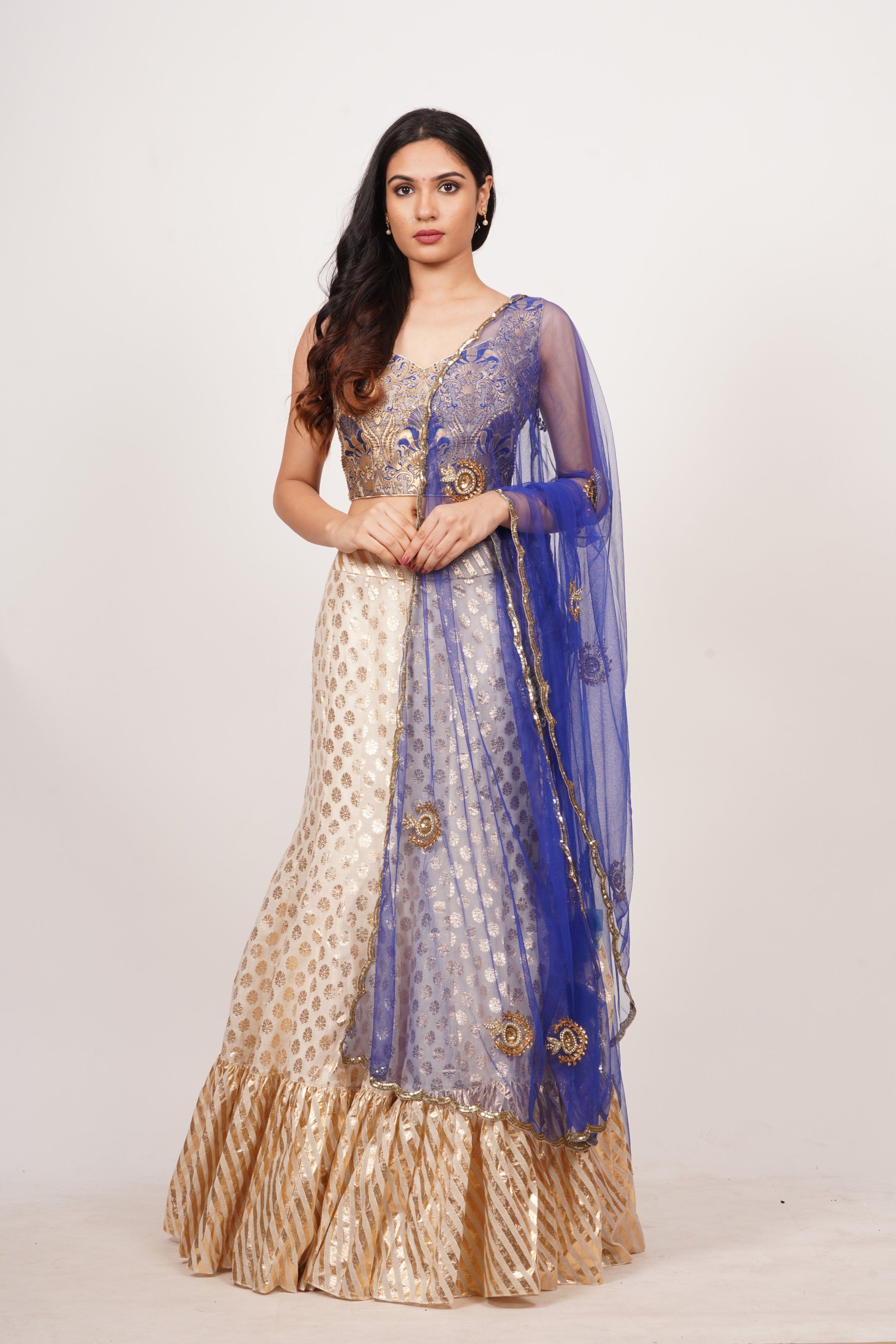 Cream And Blue Lehenga Choli - kaystore.in