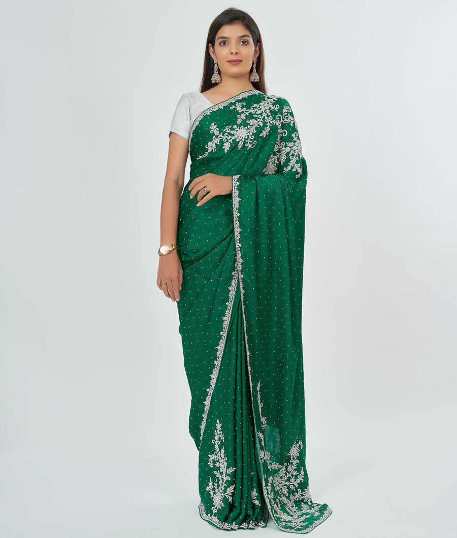 Green Satin Saree Silver Stone With Zardosi Work - kaystore.in