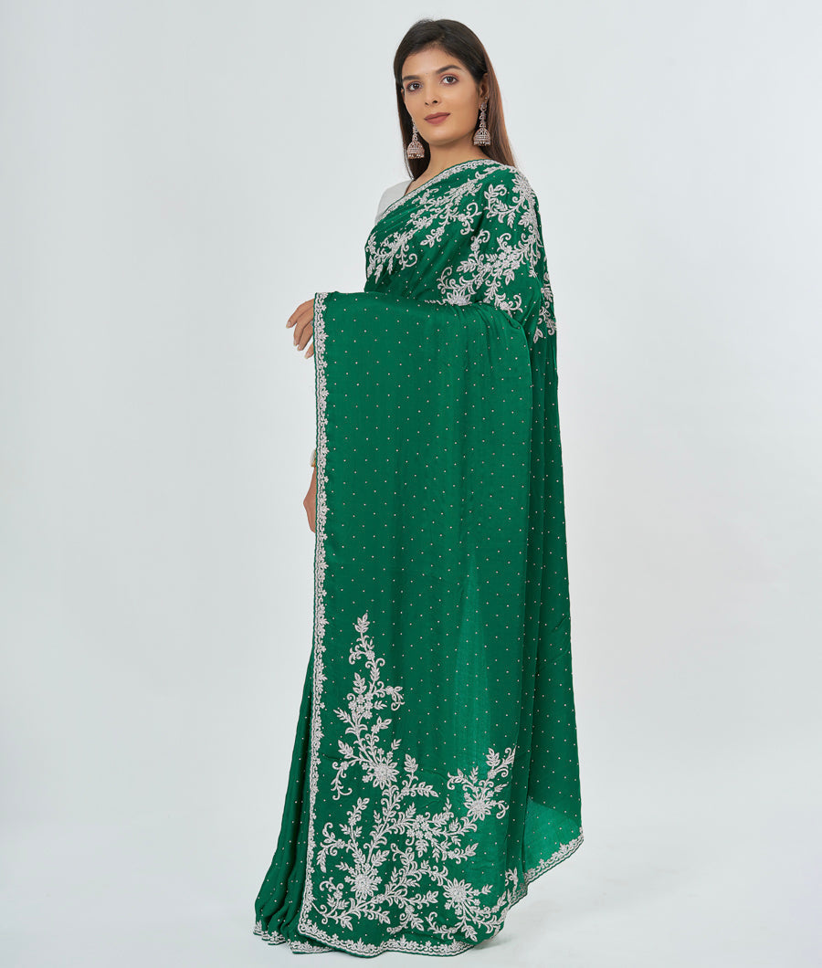 Green Satin Saree Silver Stone With Zardosi Work - kaystore.in