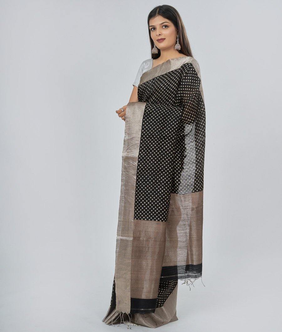 Black Muga Tussar Saree Alover Bandhani Print Silver Zari - kaystore.in