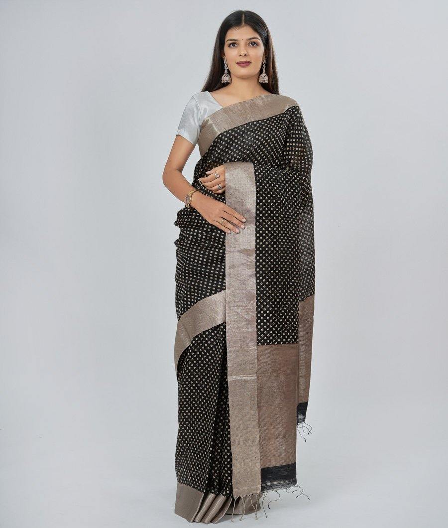 Black Muga Tussar Saree Alover Bandhani Print Silver Zari - kaystore.in