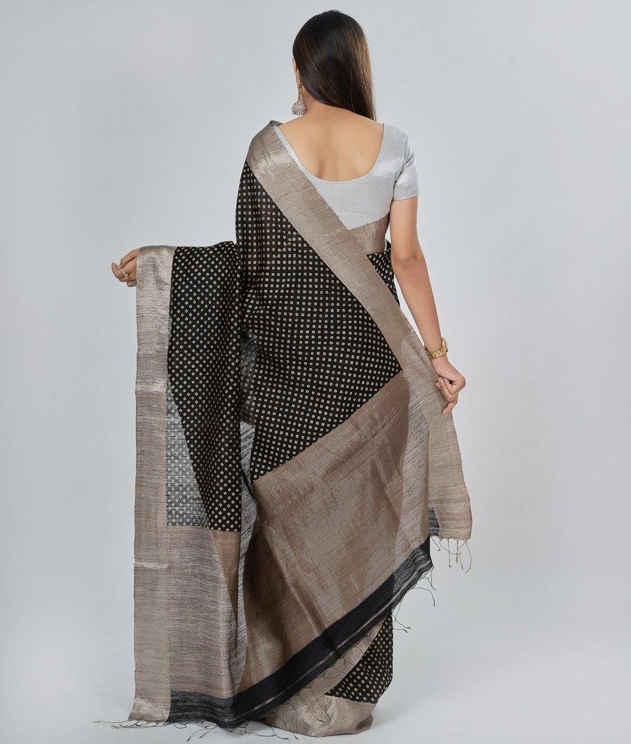 Black Muga Tussar Saree Alover Bandhani Print Silver Zari - kaystore.in