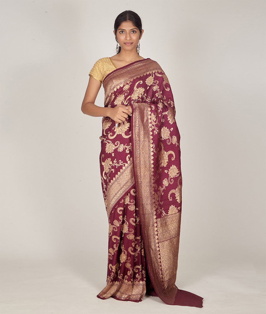 Wine Banarasi Dupion Silk Saree Antique Zari - kaystore.in