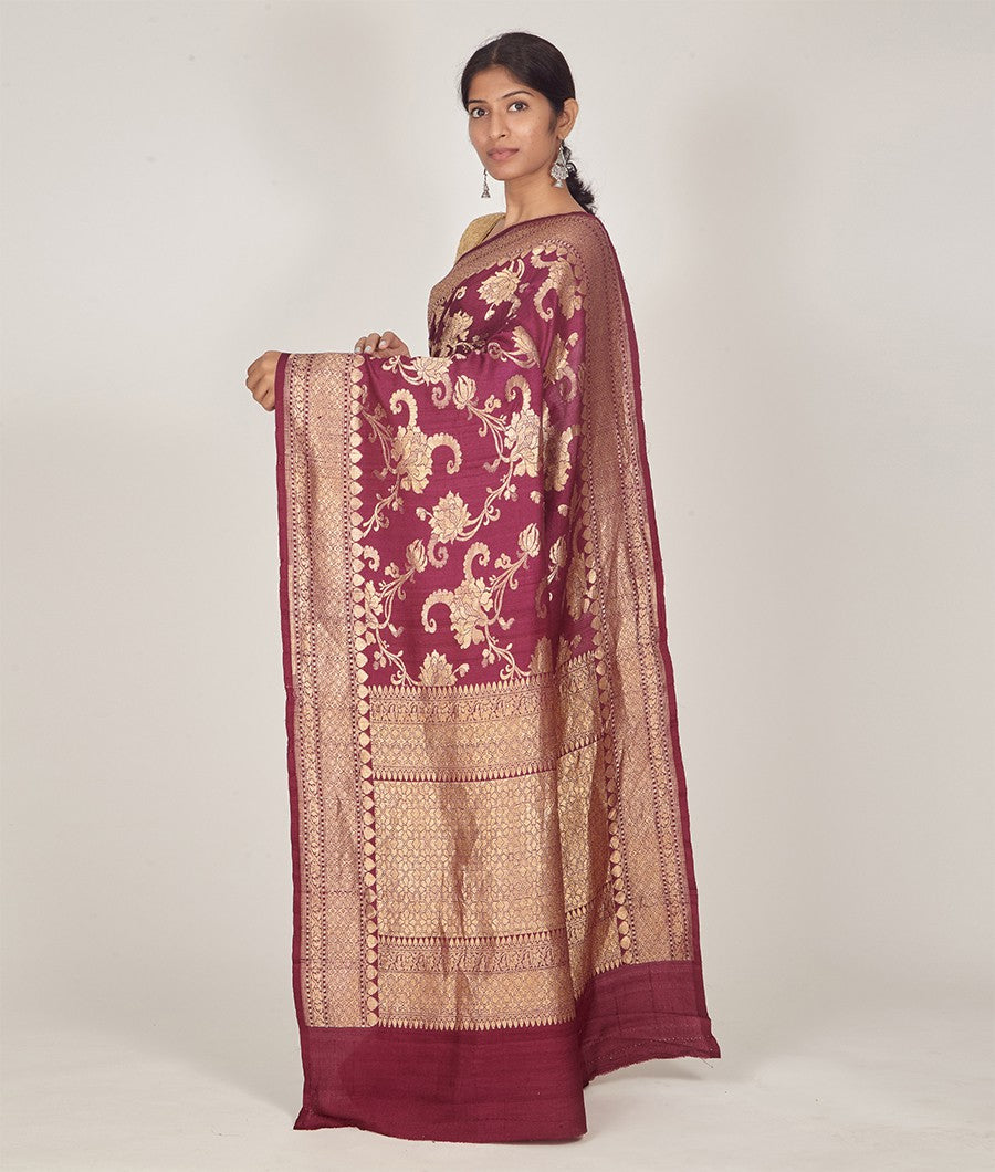 Wine Banarasi Dupion Silk Saree Antique Zari - kaystore.in