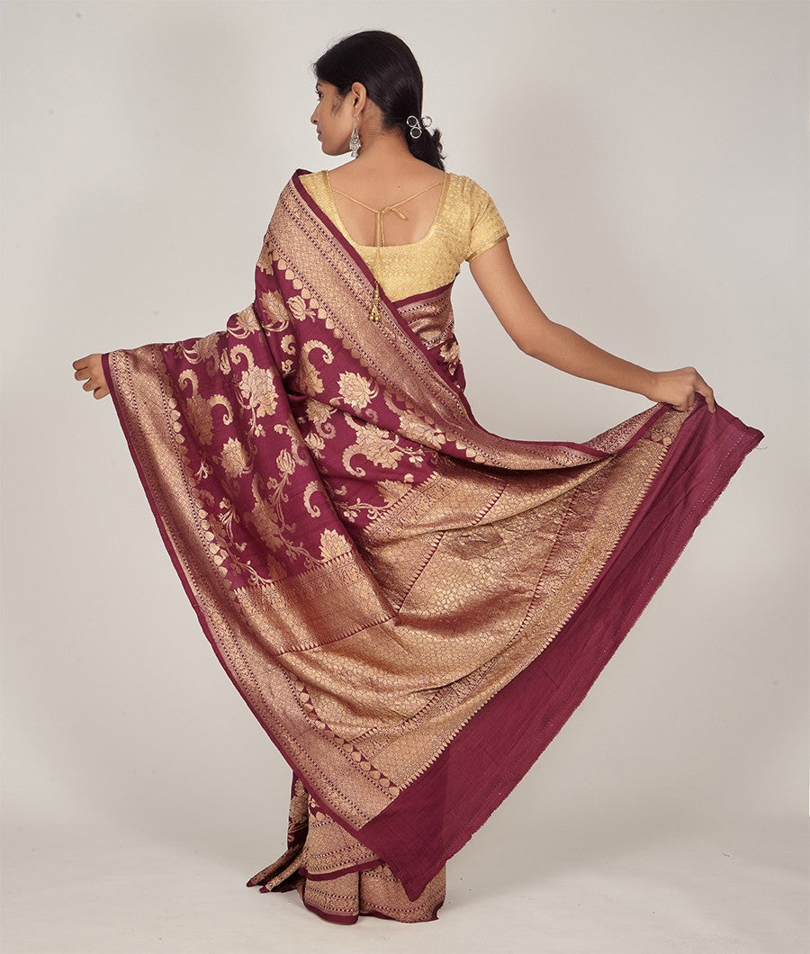 Wine Banarasi Dupion Silk Saree Antique Zari - kaystore.in