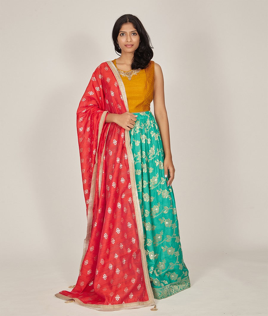 Green Banarasi Silk Lehenga - kaystore.in