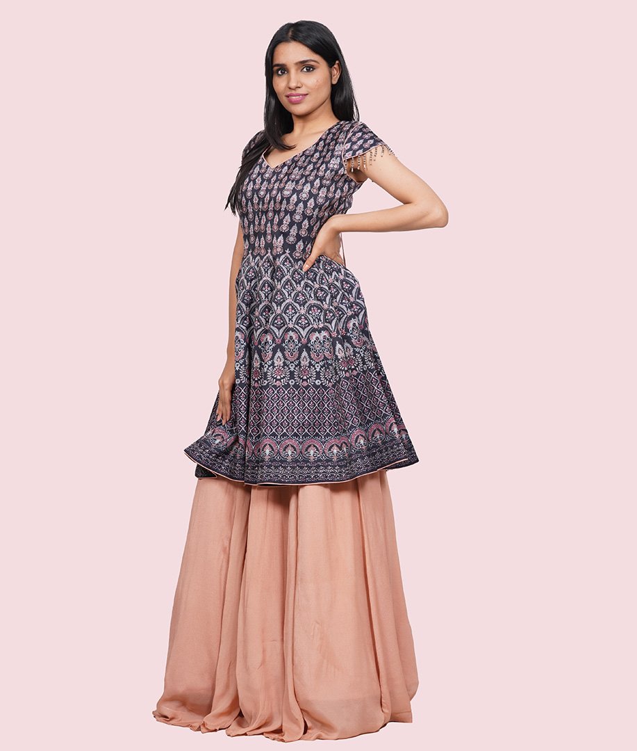 Peach/Navy Blue Lehenga Choli - kaystore.in