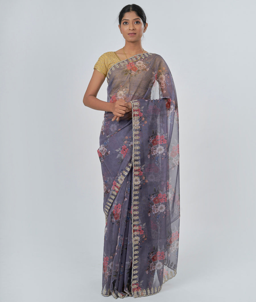 Dark Grey Organza Saree Floral Print With Cutdana And Zardosi And Pearl And Stone Work - kaystore.in