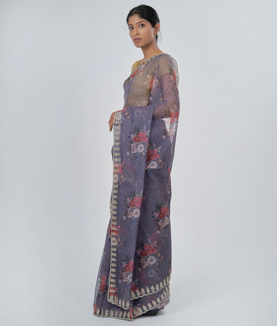 Dark Grey Organza Saree Floral Print With Cutdana And Zardosi And Pearl And Stone Work - kaystore.in