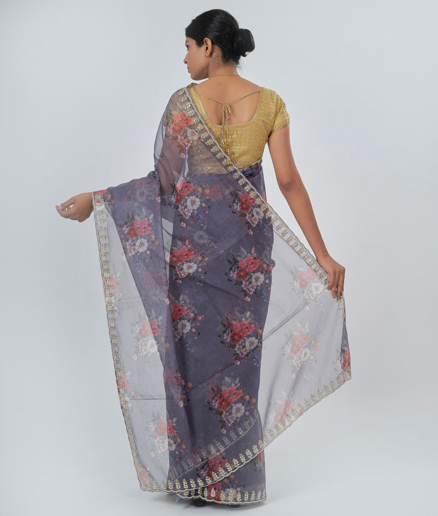 Dark Grey Organza Saree Floral Print With Cutdana And Zardosi And Pearl And Stone Work - kaystore.in