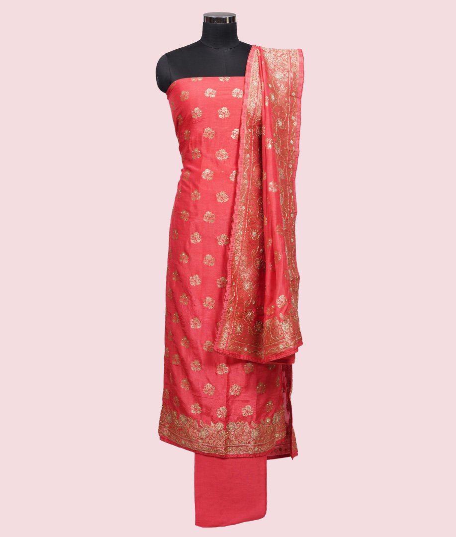 Coral/Orange Unstitched Salwar Kameez - kaystore.in