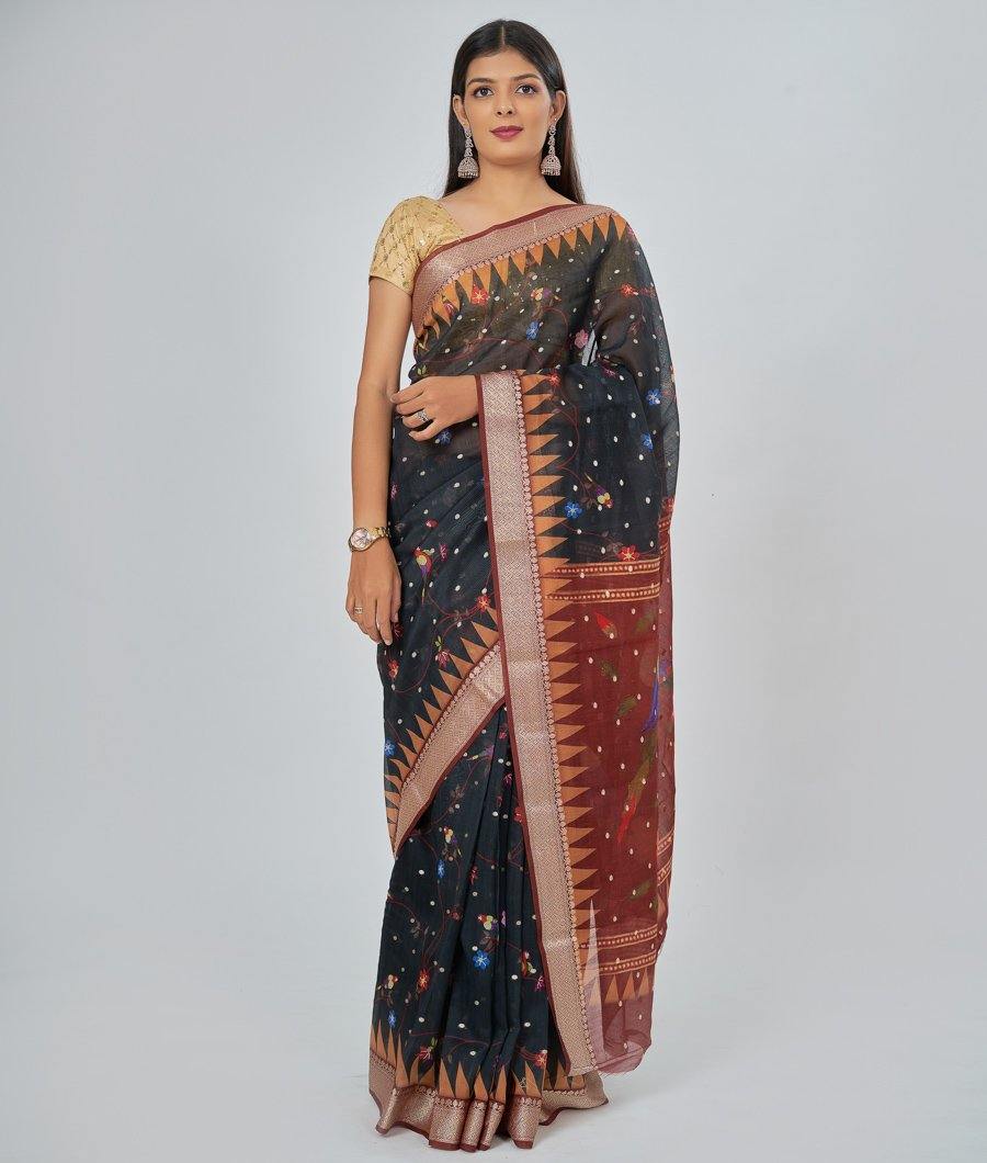 Black Chanderi Saree Printed Blouse - kaystore.in