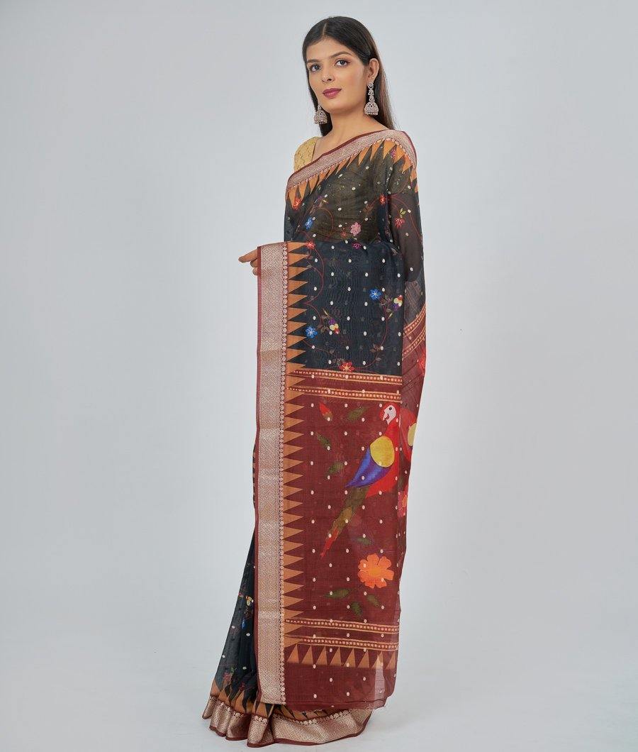 Black Chanderi Saree Printed Blouse - kaystore.in