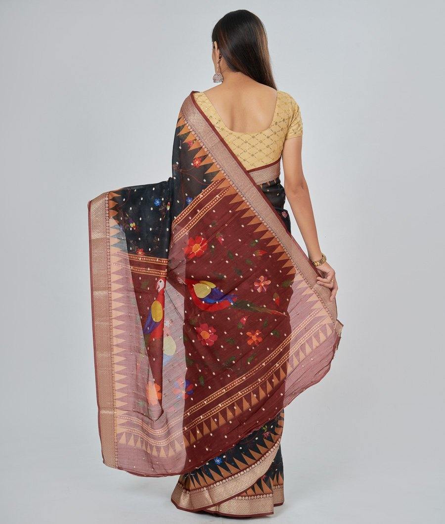 Black Chanderi Saree Printed Blouse - kaystore.in