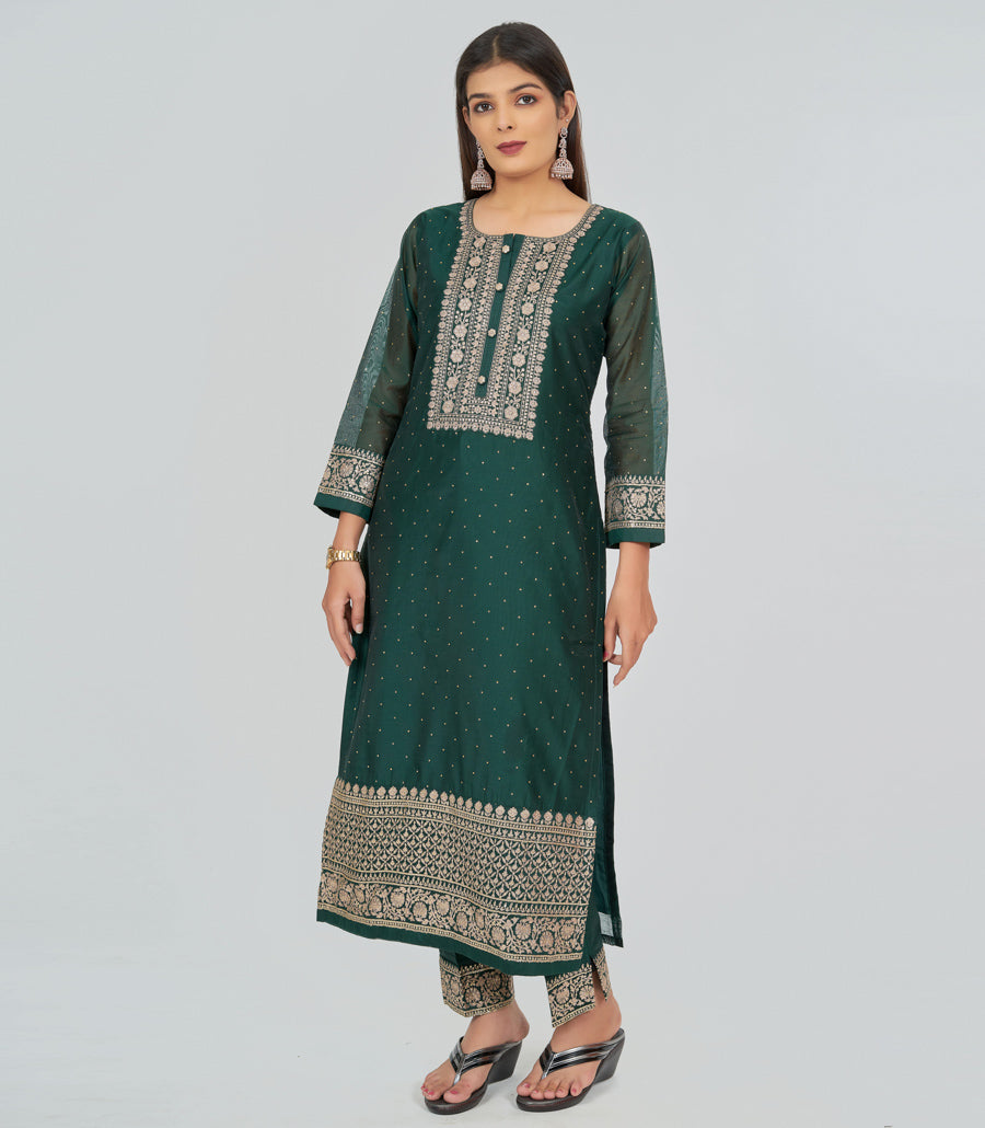 Bottle Green Chanderi Salwar Kameez - kaystore.in