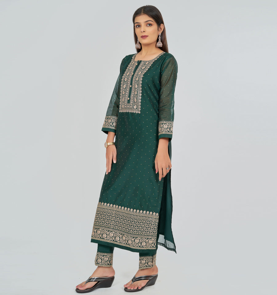 Bottle Green Chanderi Salwar Kameez - kaystore.in