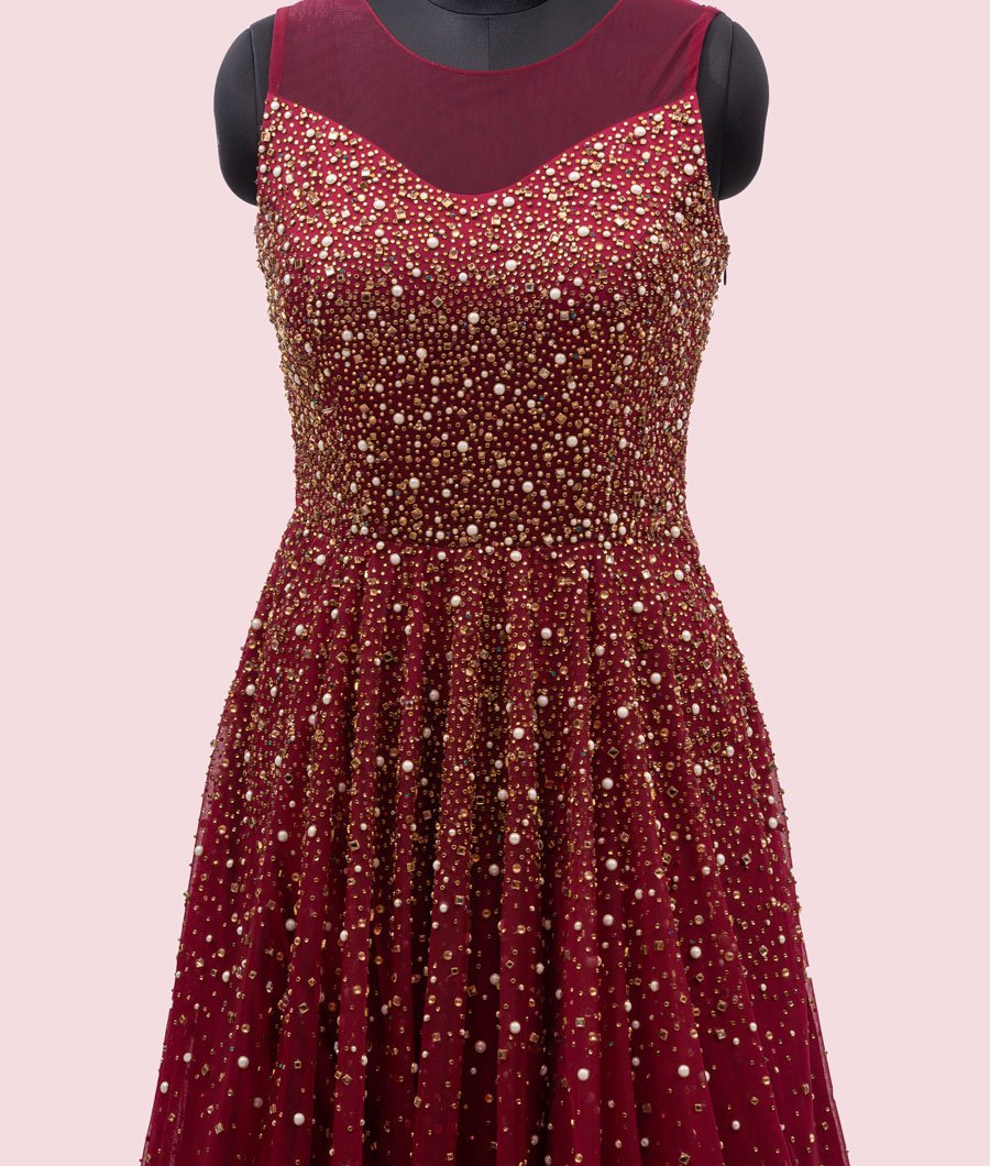 Maroon Gown with Pearls and Cutdana - kaystore.in