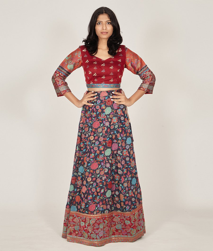 Navy Blue Banarasi Silk Lehenga - kaystore.in