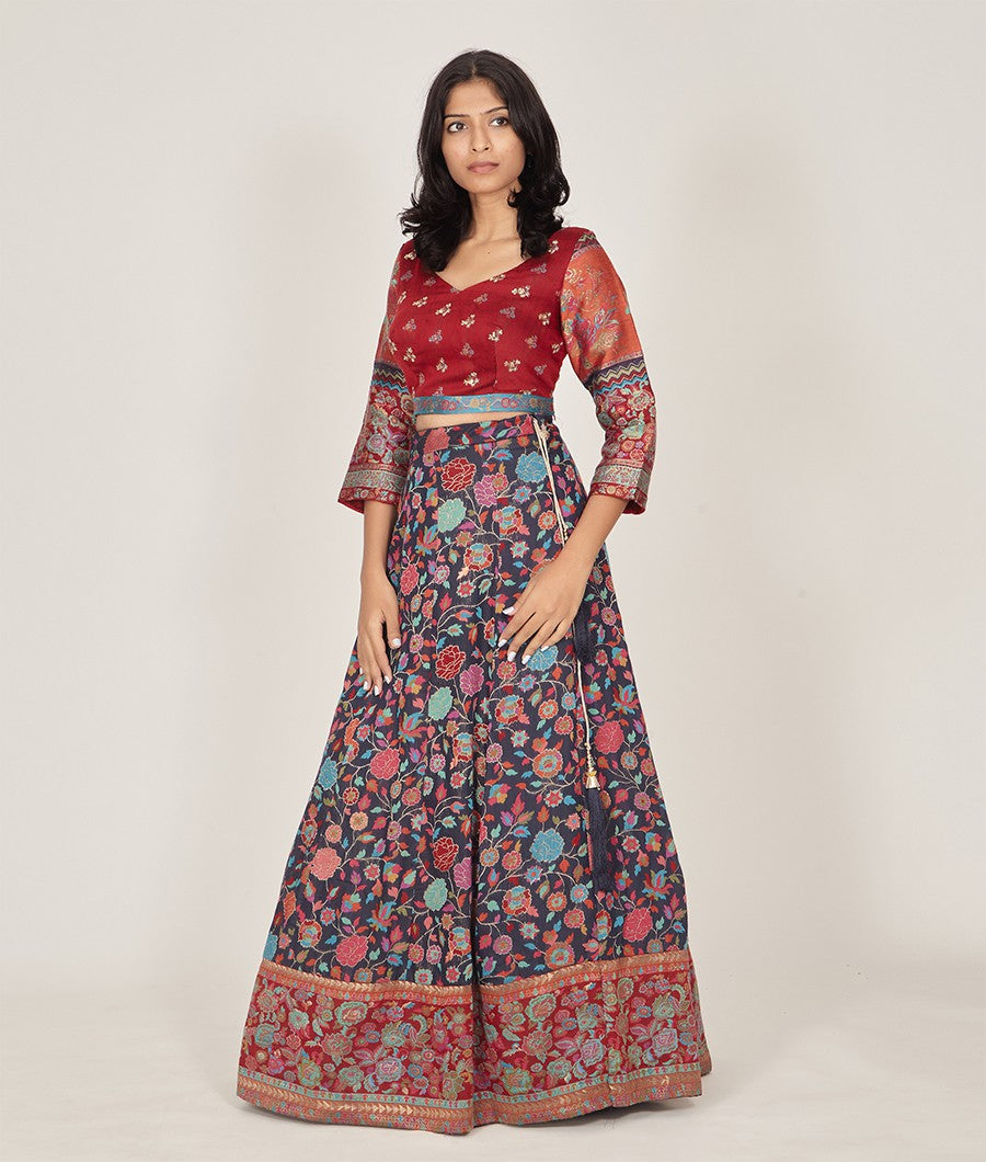 Navy Blue Banarasi Silk Lehenga - kaystore.in