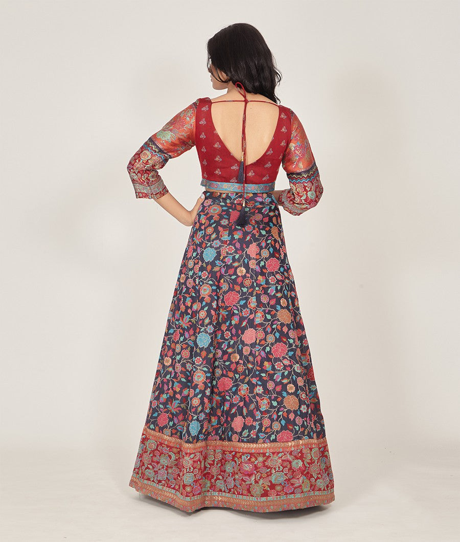 Navy Blue Banarasi Silk Lehenga - kaystore.in