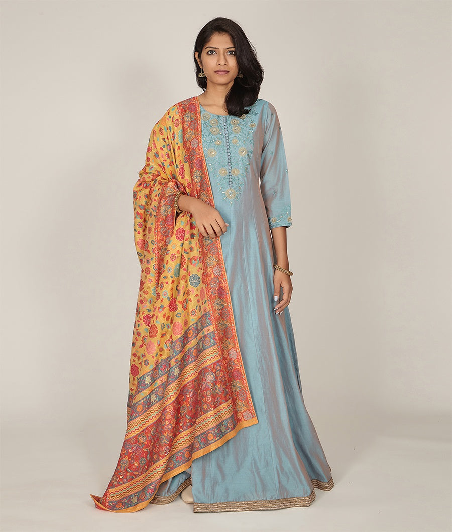 Peacock Blue Chanderi Silk Salwar Kameez - kaystore.in