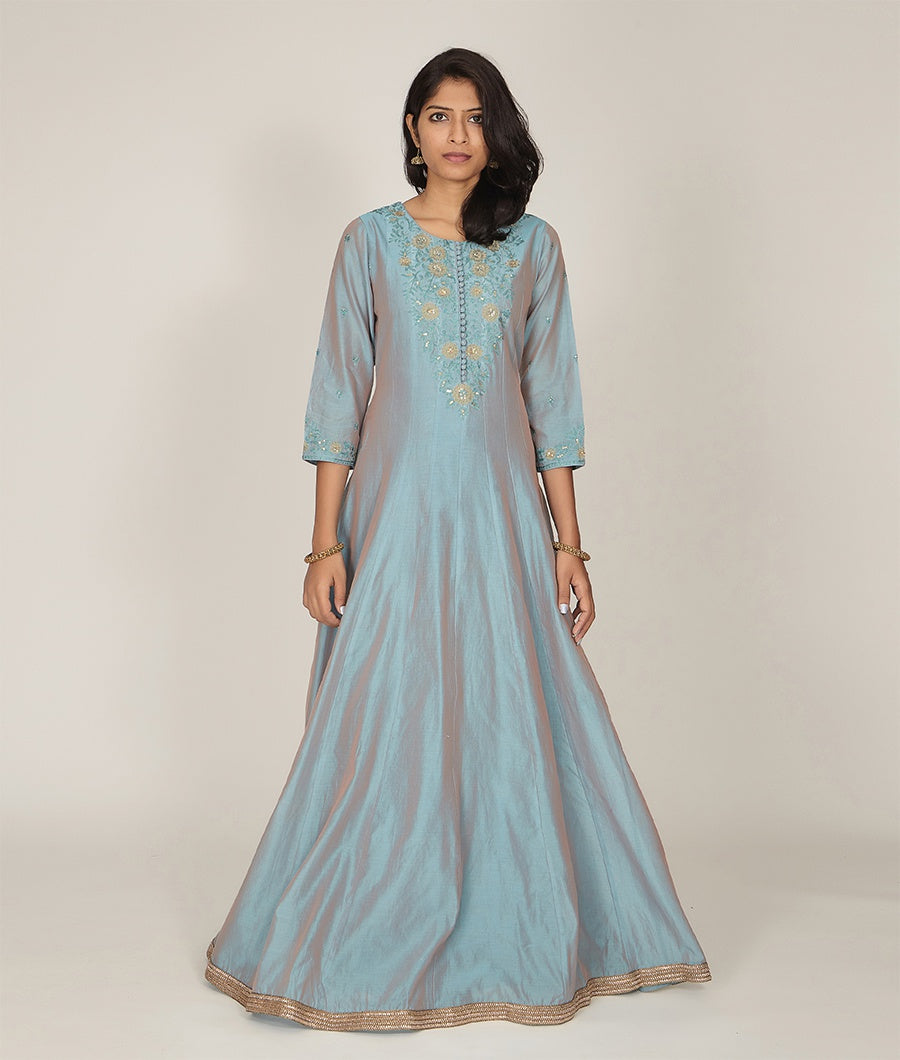 Peacock Blue Chanderi Silk Salwar Kameez - kaystore.in