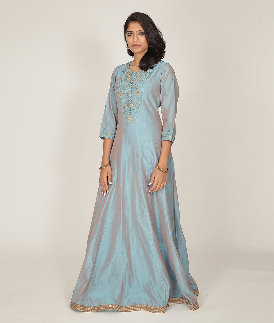 Peacock Blue Chanderi Silk Salwar Kameez - kaystore.in