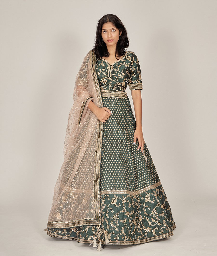 Green Raw Silk Lehenga - kaystore.in