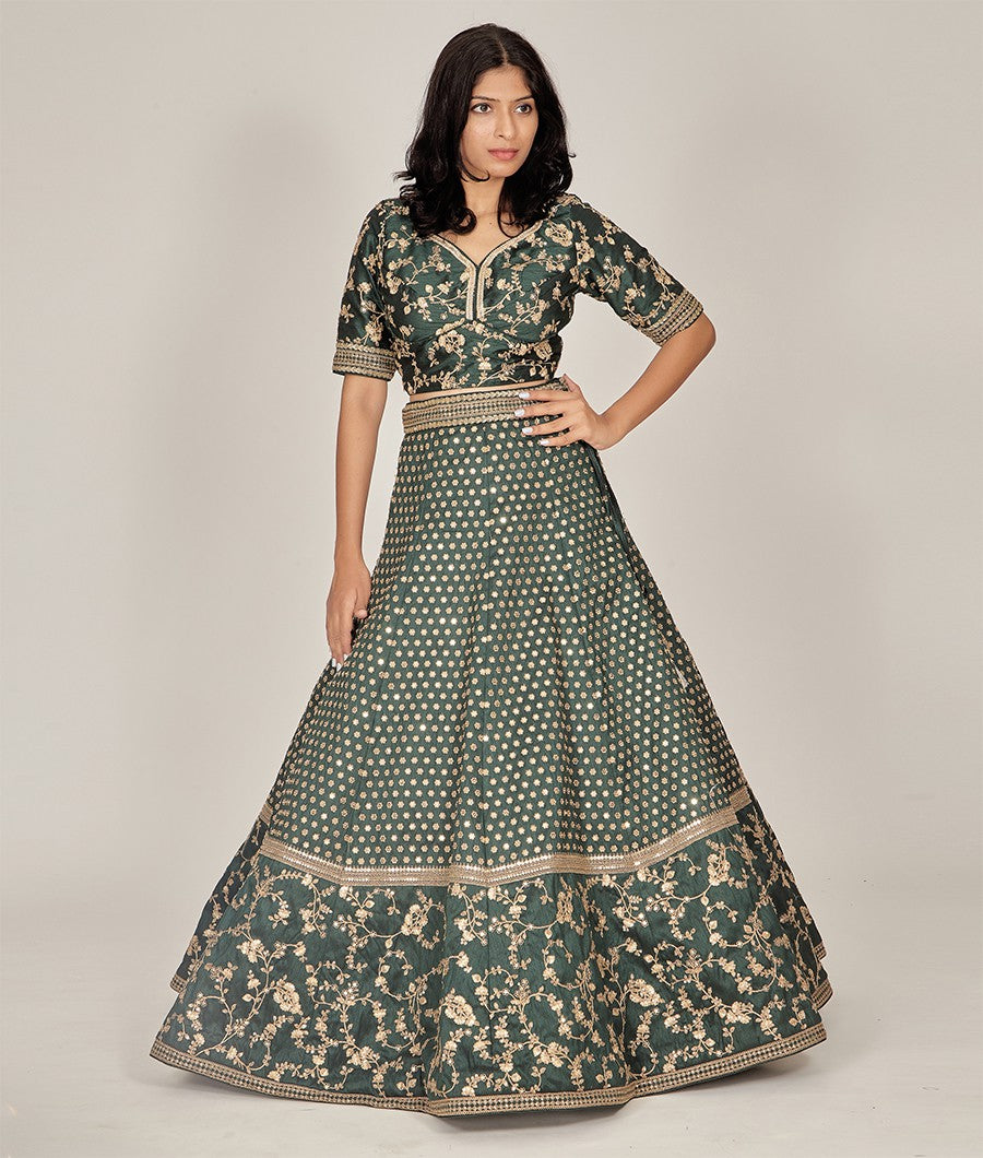 Green Raw Silk Lehenga - kaystore.in