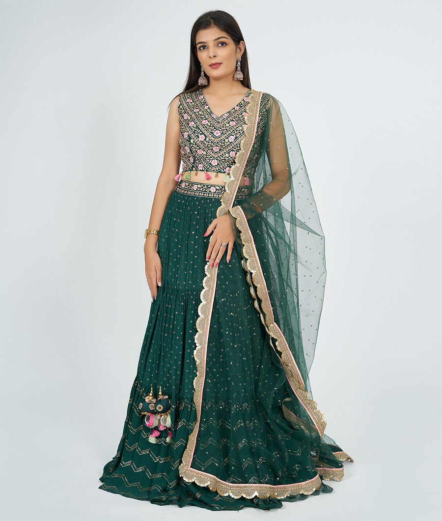 Bottle Green Embroidery Work Lehenga - kaystore.in