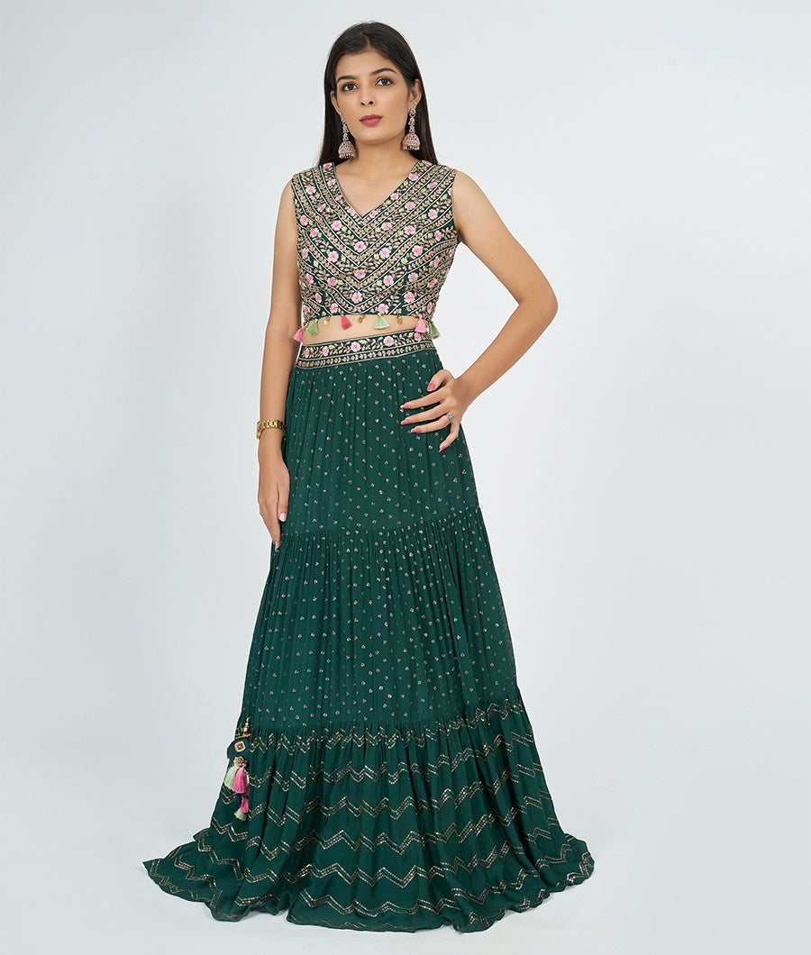 Bottle Green Embroidery Work Lehenga - kaystore.in