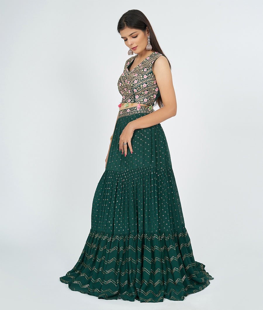 Bottle Green Embroidery Work Lehenga - kaystore.in