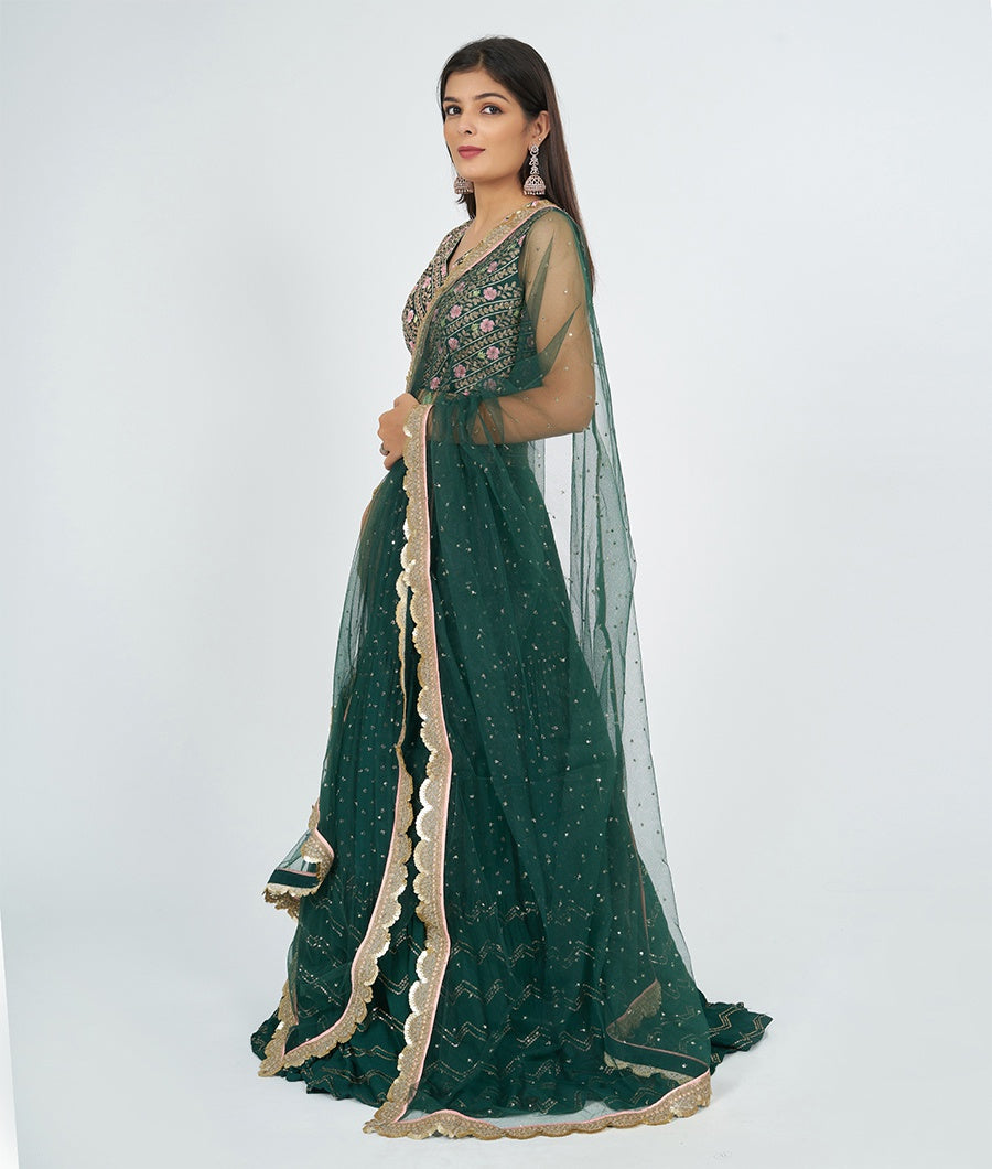 Bottle Green Embroidery Work Lehenga - kaystore.in
