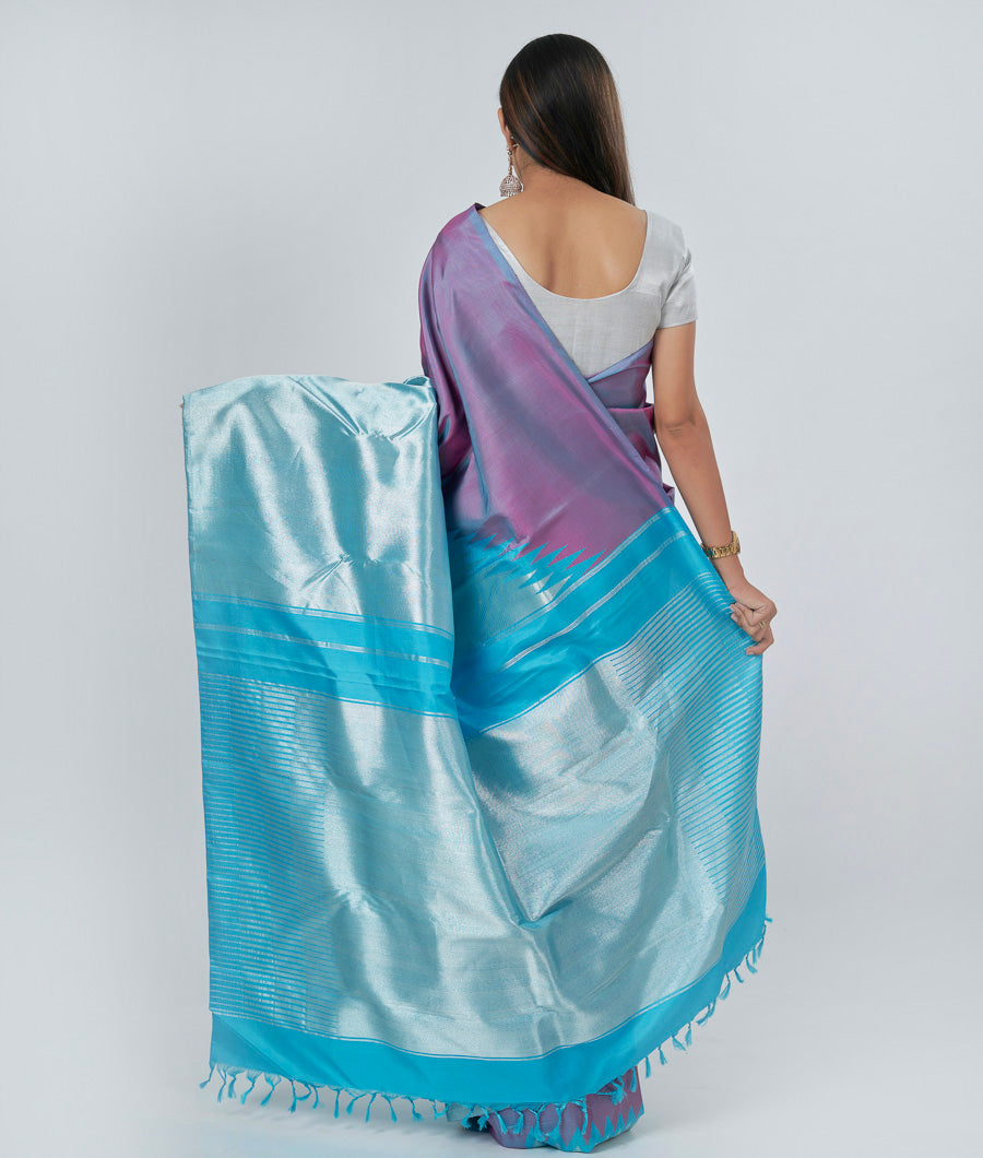 Blue With Onion Pink Kanchipuram Saree Double Colour Saree Silver Zari - kaystore.in