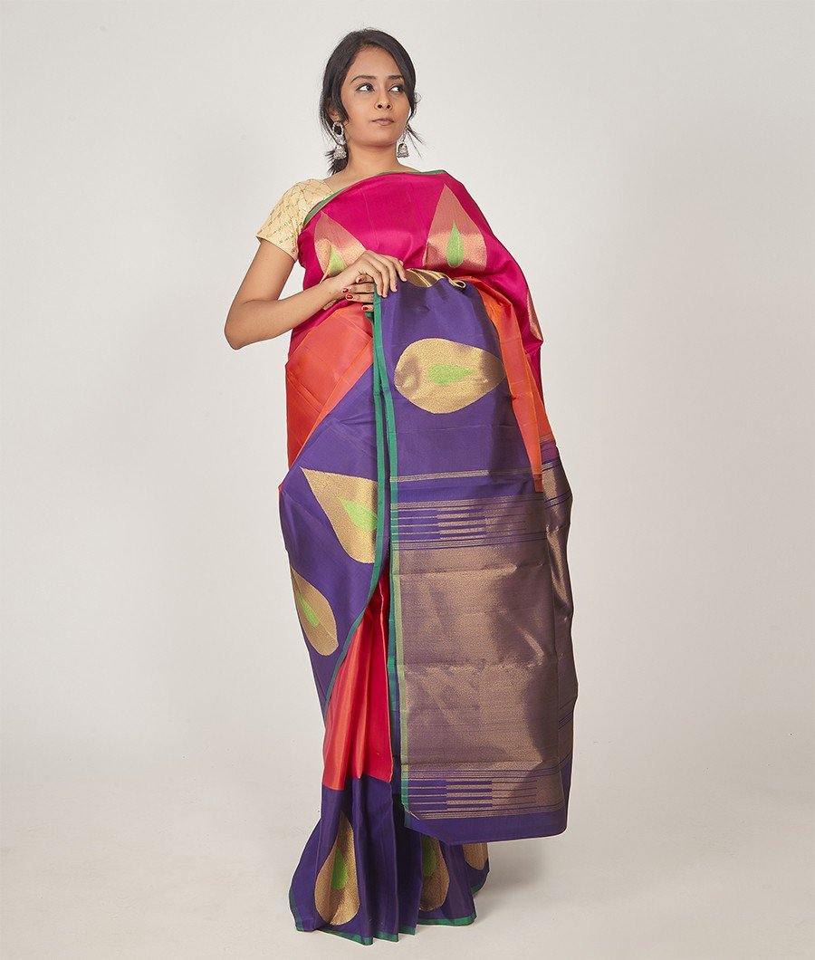 Tomato Pink Kanchipuram Saree Gold Zari Ganga Jamuna Border - kaystore.in