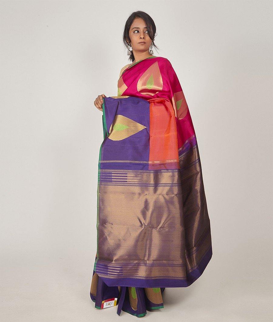Tomato Pink Kanchipuram Saree Gold Zari Ganga Jamuna Border - kaystore.in